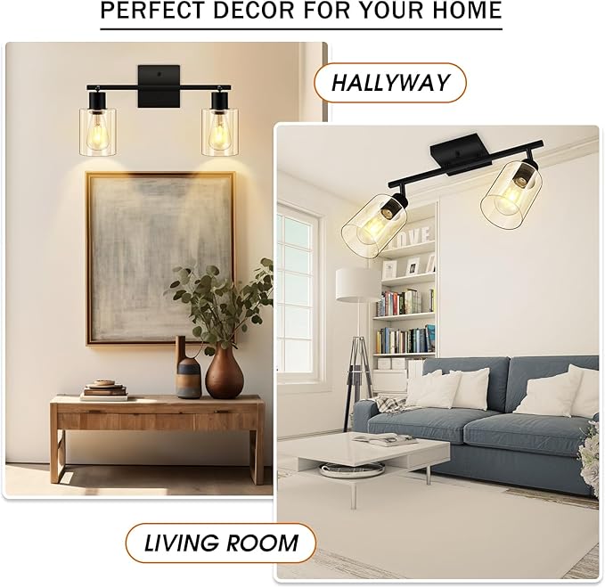 Track Lighting Fixtures Ceiling for Kitchen, Black 2-Light Wall Lights, Modern Led Track Lighting Ceiling with Glass Shade, Rotatable Head, Wall Mount Spotlight for Bathroom Vanity Hallway, E26 Base