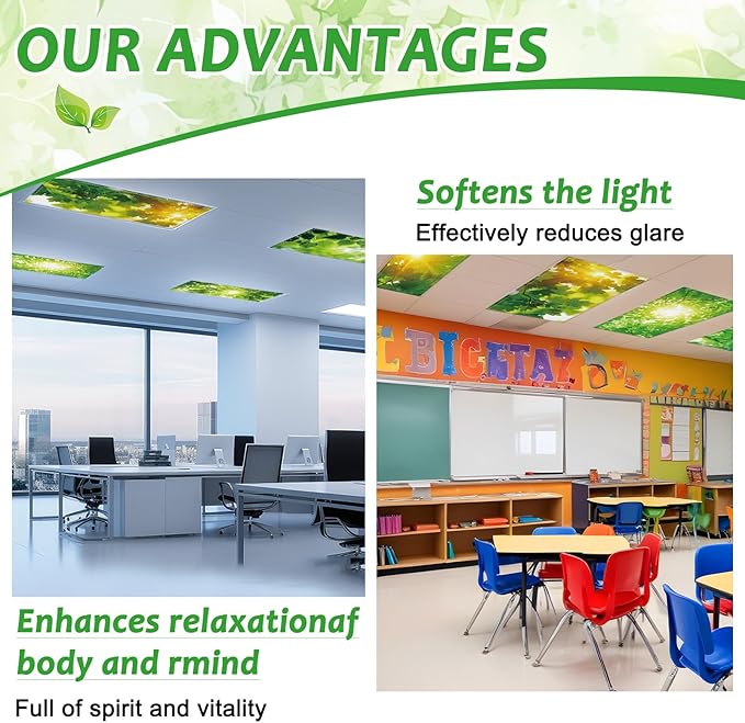 Wiooffen 6 Pcs Fluorescent Light Covers with 60 Magnets Decorative for Classroom Ceiling Light 4 x 2 Feet Magnetic Light Covers Filter Easy Install for Office Hospitals & Home(Green Leaves)