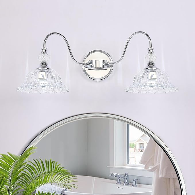 Modern Bathroom Vanity Light Fixtures 2 Lights Chrome Vanity Lights for Bathroom with Floral Crystal Glass Shade Modern Wall Lamp for Mirror(Exclude E26 Bulb)