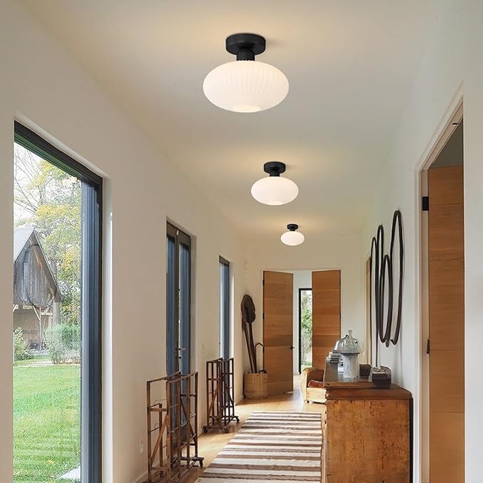 KCO Lighting Mid Century Modern Semi Flush Mount Ceiling Light Fixture Black Milk Glass Ceiling Light Large Vintage Flush Mount Ceiling Lights Hallway Kitchen Entryway