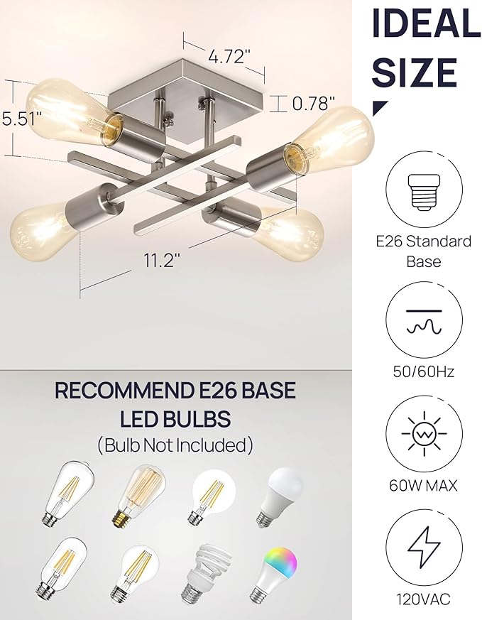 Industrial 4-Light Semi Flush Mount Ceiling Light Fixture, Modern Brushed Nickel Chandelier Lighting Sputnik Ceiling Lamp with E26 Bulb Base for Kitchen Bedroom Living Room Hallway Entryway