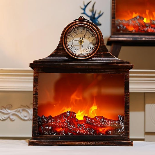 Simulated LED Fireplace Lantern USB & Battery Powered Flameless Light with Emulation Flame Table Decorative Lamp Copper Fireplace Ornament for Cozy Home Decor Free Standing Electric Log Burner