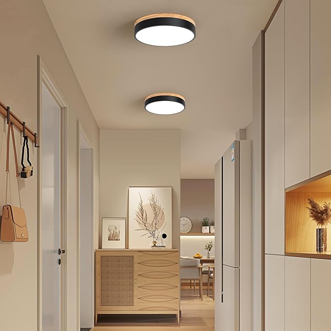 WOKNOS Modern Wood Oak Black Flush Mount Ceiling Light Dimmable LED Ceiling Light Fixture 2700K-6000K 5CCT Minimalist Circle Close to Lighting Lamp for Kitchen Bathroom Bedroom Laundry Room, 11.8''