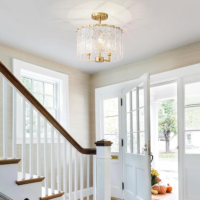 3-Light Modern Ceiling Light for Living Room, Bedroom, Foyer, Kitchen, Close to Ceiling Semi-Flushmount Light Fixture, D12.6 x H14.6, Handmade Glass Shade & Gold Finish Frame