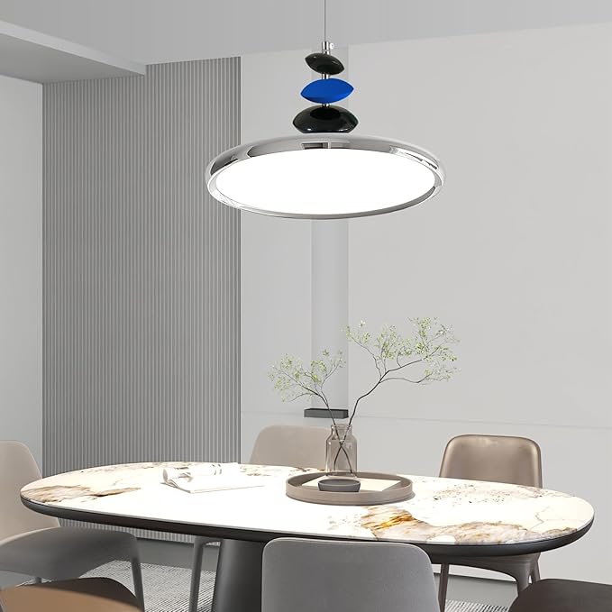 Mikeru Modern Pendant Lights, 15.8" Chrome Pendant Lighting Fixture with Remote Control Dimmable 3 Color Mode & Brightness Mid Century Island Light Fixture for Dining Room,Kitchen,Living Room