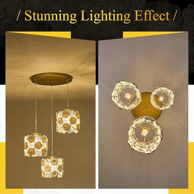 3-Lights Flower Glass Chandelier Modern Gold Cluster Pendant Light Fixture Adjustable Elegant Pendant Lighting for Dinning Room Bedroom Kitchen Island Hallway Entryway