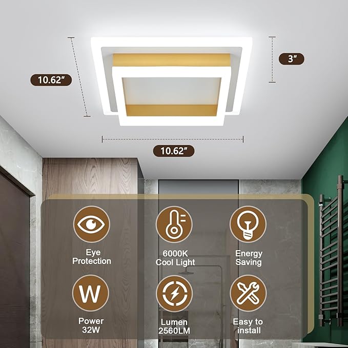 Modern LED Ceiling Lights, Gold Small Hallway Ceiling Light, 32W Cool White 6000K Acrylic LED Ceiling Light Fixtures, Close to Ceiling Lights for Bedroom Kitchen Bathroom(2 Pack)
