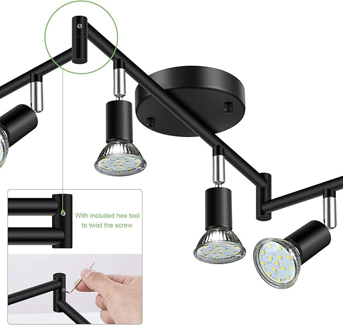Unicozin LED 6 Light Track Lighting Kit, 46.5'' Black 6 Way Ceiling Spot Lighting, Flexibly Rotatable Head, Track Light Included 6 x LED GU10 Bulb (4W, Daylight White 5000K, 400LM)