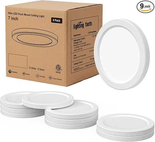 7 inch Round Dimmable LED Flush Mount Ceiling Light 0.63" Ultra-Thin 5000K Daylight White 12W Ceiling Light for Kitchen Bedroom Living Room Hallway Bathroom ETL Certified 9-Pack