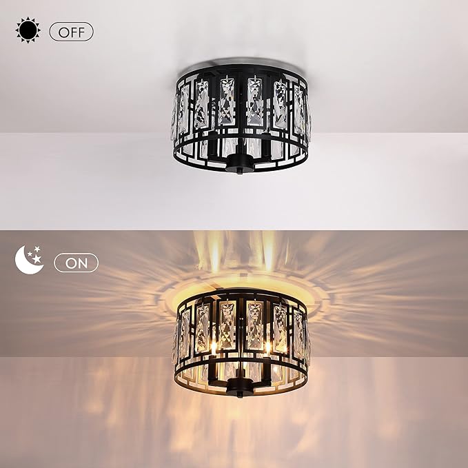 Crystal Ceiling Light Flush Mount for Bedroom, Kitchen Island Crystal Drum Shade Lighting Fixture, 3-Light Black Ceiling Lamp for Dining Room