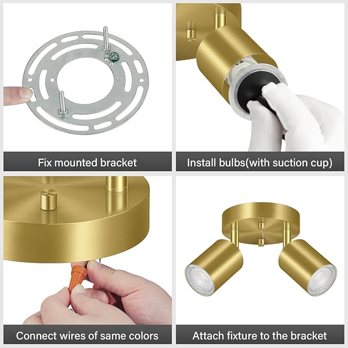 2 Light Track Lighting Fixtures Ceiling, Gold Round Directional Ceiling Spotlight, GU10 Flush Mount Ceiling/Wall Fixture, Adjustable Modern LED Track Lights for Kitchen/Living Room, Bulb Not Included