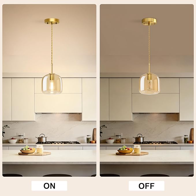 Pendant Lights Kitchen Island-Gold Pendant Light,Farmhouse Brass Hanging Lights with Amber Glass Shade, Adjustable Pendant Light for Dining Room,Kitchen Island,Living Room,Bar&Coffee Shop