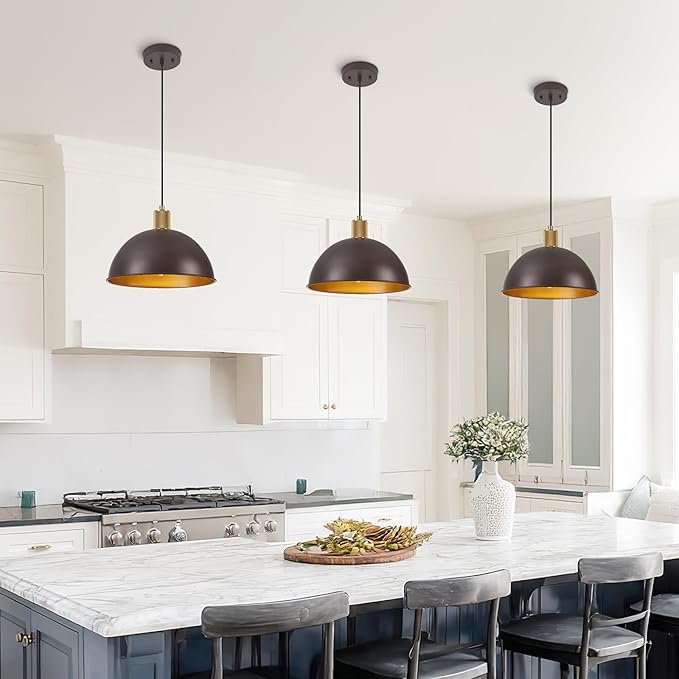 12 Inch Oil Rubbed Bronze Dome Pendant Lights 3 Pack for Kitchen Island, Height Adjustable Farmhouse Industrial Hanging Light Fixtures Over Table for Dining Room, Entryway