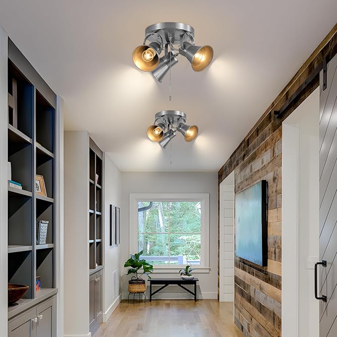 SEEBLEN 3-Light Ceiling Lights with Pull Chain, Adjustable Round Kitchen Ceiling Light, Morden Nickel Flush Mount Directional Track Light for Kitchen, Hallway, Dining Room, Bathroom, Coffee Bar