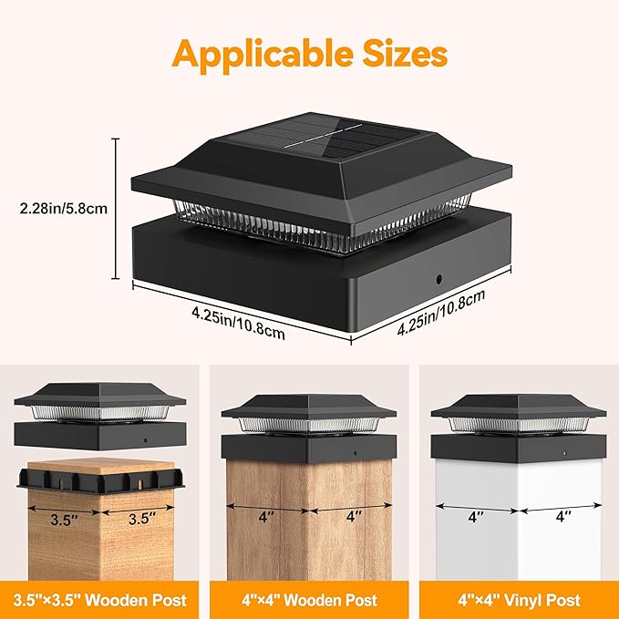 Solar Post Cap Lights 2-Pack, IP65 Waterproof Fence Post Solar Lights for 4x4 Wood/Vinyl Posts, Outdoor Post Lights with 2 Color Modes Decorate Garden Patio Porch Backyard, Black