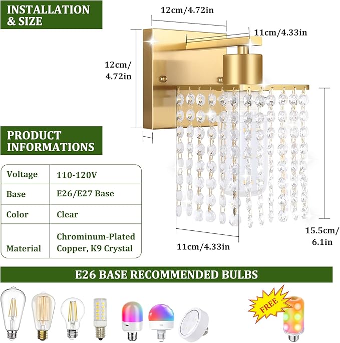 Shenmoyl Set of 2 Crystal Battery Operated Wall Sconce,Rechargeable Wall Lamp with 5200mAh Battery & Remote Control, Modern Dimmable Wireless Wall Lights for Bedroom Bathroom (Clear, Gold Base)