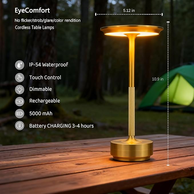 UdoUto Cordless Table Lamp Rechargeable - 5000mAh Battery Operated LED Table Light with Touch Stepless Dimming & 3 Color Modes - Portable Gold Metal Outdoor Lamp for Patio, Restaurant, Bedroom