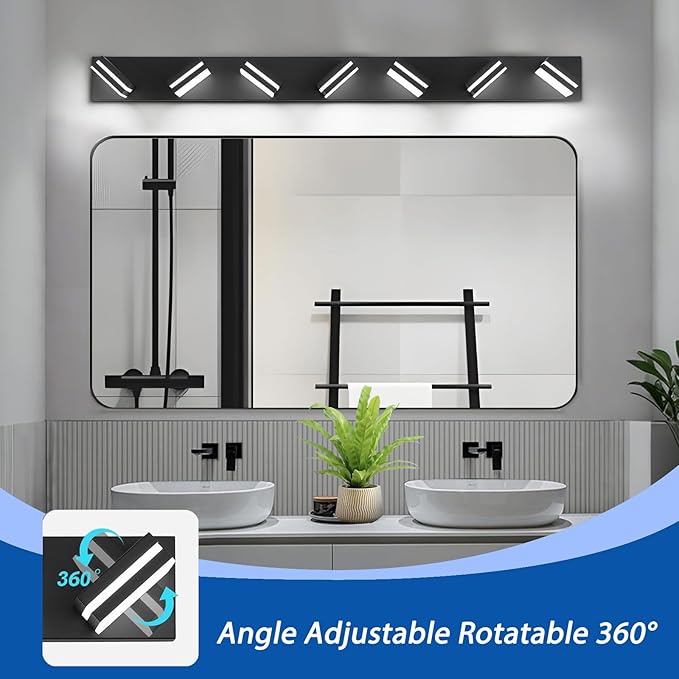 IZORRO LED Modern Bathroom Lights Fixtures(7-Light,Dimmable,360°Rotate),Matte Black Acrylic Wall Lighting,Vanity Lights for Bathroom Over Mirror - 6000k 40In （No Assembly Required）
