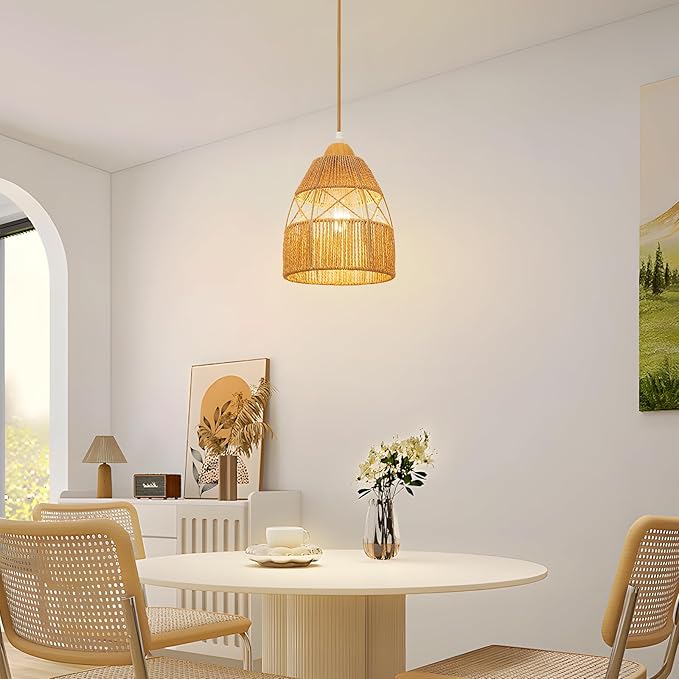 Boho Rattan Pendant Light Kitchen Island,Farmhouse Chandeliers Adjustable Height Hanging lamp for Dining Room,Kitchen Ceiling Lights Fixtures with Hand Woven Wicker Lampshade Lighting