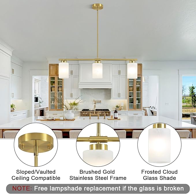 3-Light Gold Kitchen Island Lighting 31" Pendant Light with Milk Glass Shade Adjustable Height Linear Chandelier for Dining Room Modern Farmhouse Light Fixture Over Table Bar Living Room Foyer, E26