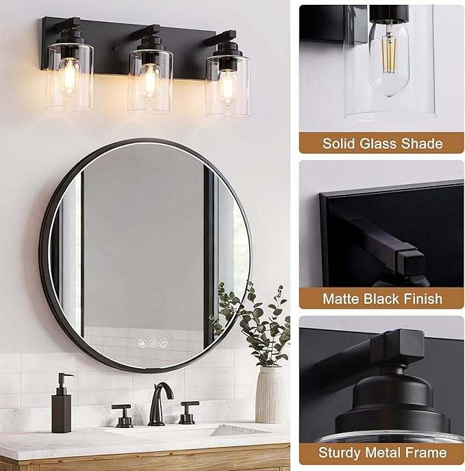 Black Bathroom Light Fixture, 3 Light Matte Black Vanity Light, 18.8" Modern Farmhouse Bathroom Lighting Fixtures Over Mirror, with Clear Glass Shade, Vanity Lights for Bathroom, Bedroom, Hallway