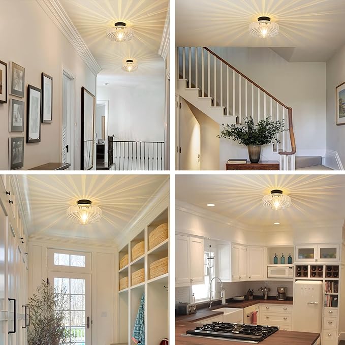 Glass Semi Flush Ceiling Lights - 12 in Vintage Mid Century Modern Lighting Fixture - Black Drum Unique Art Deco Mount Light Fixtures for Hallway Entry Way Hall Kitchen Dining Laundry Room Foyer Porch