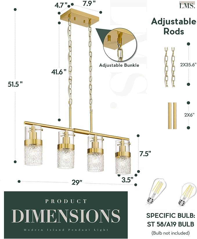LMS 4-Light Brushed Gold Island Chandelier Lights for Kitchen, Mid Century Pendant Light with Hammered Glass Shade, Farmhouse Dining Room Light Fixture, Kitchen Island, LMS-171GD-4