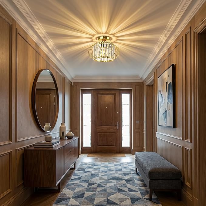 Gold Crystal Ceiling Light Fixture - Small Crystal Chandelier Semi Flush Mount Ceiling Light Modern Hallway Lights fixtures for Entryway Bedroom Porch Kitchen (11 Inch, Bulb not Included)