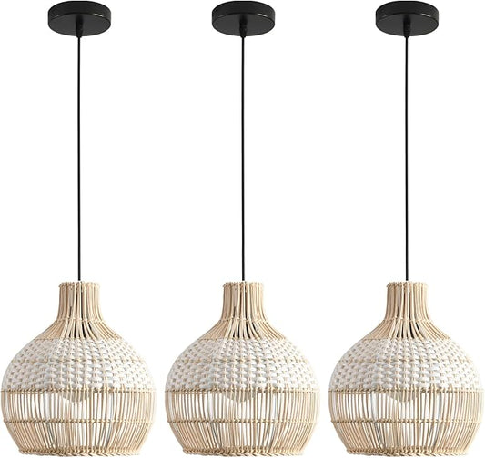 3-Pack Fax Rattan Pendant Light Fixture Mini Hand-Woven White Rattan Chandelier 10.24" Boho Wicker Hanging Lamp for Dining Living Bedroom Kitchen Farmhouse