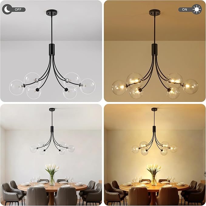 6-Light Modern Black Chandelier，Dining Room Light Fixtures Over Table，Sputnik Chandeliers with Clear Glass Shade for Kitchen Island Living Room Bedroom Foyer Entryway,31.5in,G9.