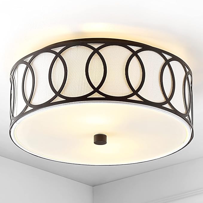 JONATHAN Y 12.25" Oil Rubbed Bronze 2-Light Modern Metal LED Flush Mount Ceiling Light for Bedroom Hallway, White Linen Drum Shade with Geometric Fretwork, LED Bulbs Included (JYL3502C)