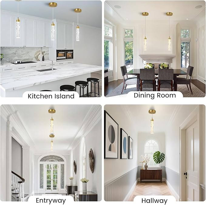 Pendant Lights Kitchen Island, Modern Mini Pendant Light Fixtures with Crystal Stone, Dimmable LED Chandelier, Gold Hanging Light Fixture for Dining Room Hallway, 3000K/4000K/5000K Adjustable, ETL