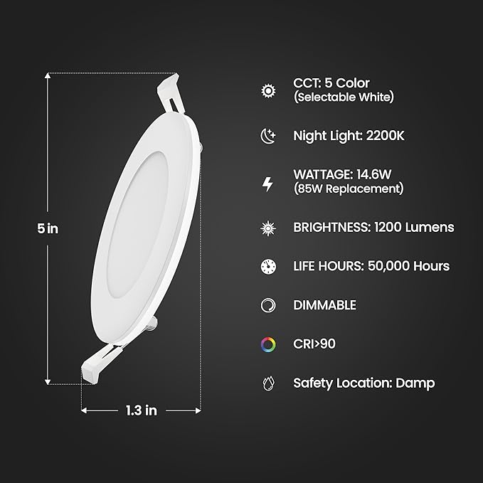 Feit Electric 6" LED Canless Recessed Downlight with Night Light Mode and Integrated J-Box, 85W EQ, Dimmable, 5CCT Selectable White, 1200 Lumens, 50,000-hour Lifetime, LEDR6XT/HO/NL5CCTCA4, 4 Pack