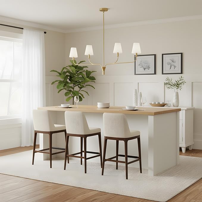 Modern 42" Linear Chandelier for Kitchen Island & Dining Room - 4-Light Gold Finish with White Fabric Shades, Adjustable Hanging Pendant Light Fixture, E12
