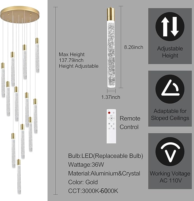 12-Light High Ceiling Chandeliers Modern Black Crystal Chandeliers for Entryway Long Spiral LED Dimmable Chandelier Flush Mount Ceiling Staircase Foyer Living Room Ceilings Light Fixture