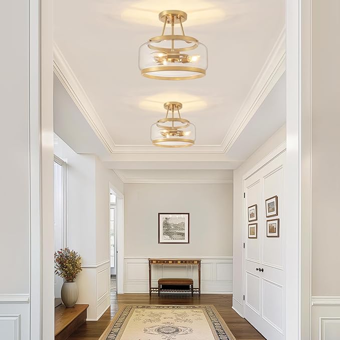 11.81" Brushed Gold Semi Flush Mount Ceiling Light, Modern Glass Drum Light Fixtures, 3-Light Golden Ceiling Lights for Hallway Entryway Bedroom Laundry Room Kitchen Dining Room Bathroom Lighting