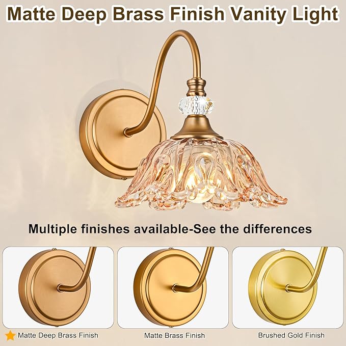 1 Piece Vintage Wall Sconce with Floral Amber Glass Shade, Matte Deep Brass Finish Wall Sconce for Bathroom,Vintage Amber Bathroom Vanity Light Fixture