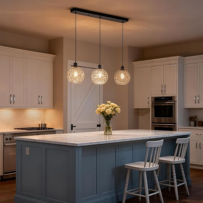 3-Light Black Island Lights for Kitchen, 31.5" Globe Pendant Light with Clear Hammered Glass Shade, Farmhouse Adjustable Hanging Light Fixtures for Dining Room Kitchen Island
