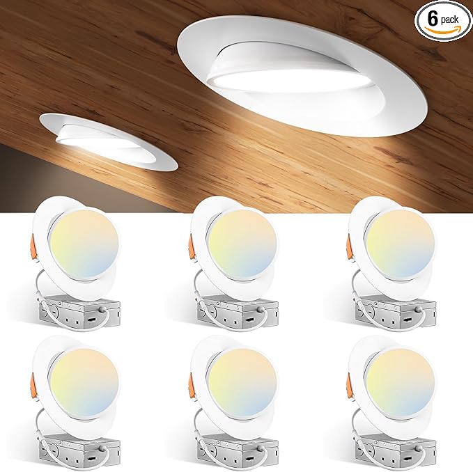 Amico 6 Pack 6 Inch 5CCT Gimbal LED Recessed Lighting, 360°&90° Adjustable Eyeball Directional Downlight, Dimmable, 2700K/3000K/3500K/4000K/5000K Selectable, CRI90+ 12W 1200LM, ETL&FCC