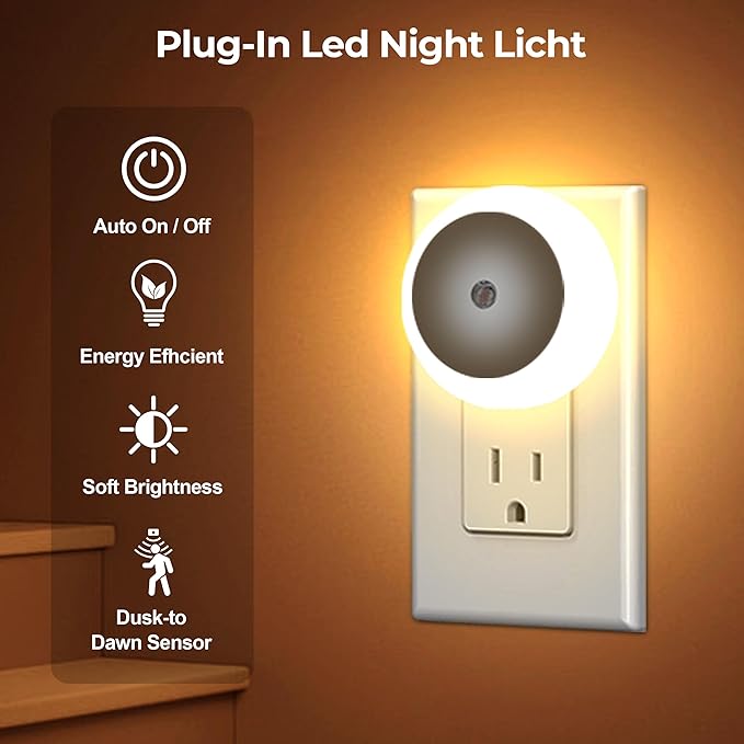 LED Night Light, Night Lights Plug into Wall, Auto Dusk to Dawn Sensor Night Lamp Led Night Light for Bedroom, Bathroom, Hallway Stairs (Warm White, 4 Pack)
