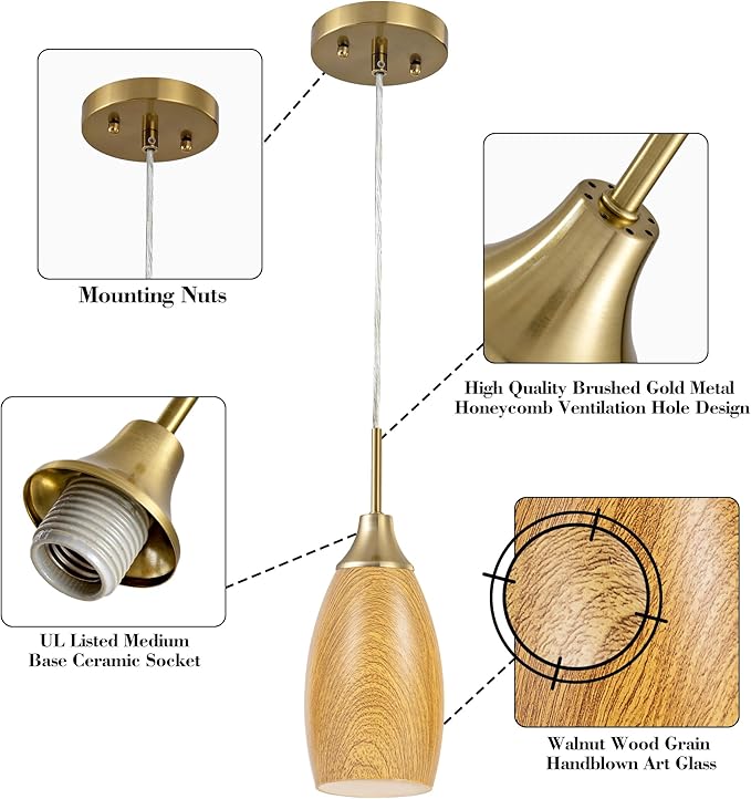 Viinew Mini Glass Pendant Light 4.72" Walnut Wood Grain Pendant Lights 1-Pack Handblown Art Oval Glass Hanging Pendant Light for Kitchen Island Dining Room Living Foyer Hallway Entry Brushed Gold