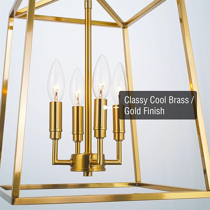 Kira Home Bellevue 16" 4-Light Modern Gold Lantern Pendant Light, Large Gold Geometric Metal Cage Chandelier, Cool Brass Finish