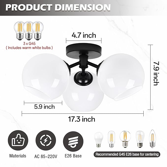 KoKo&Yukina 3-Light Mid Century Modern Black Semi Flush Mount Ceiling Light Globe Sputnik Chandelier Fixture Milk Glass Globe Ceiling Lights for Bedroom Living Room Hallway Entryway Foyer