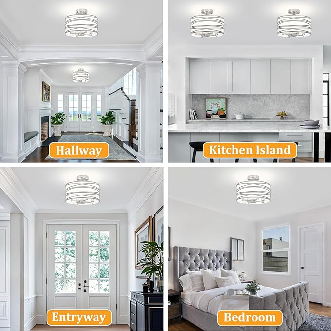 TOULMJ 4-Light Semi Flush Mount Ceiling Light, Brushed Nickel Drum Chandelier with White Fabric Shade, Modern Farmhouse Light Fixtures for Kitchen Island Laundry Room Hallway Dining Room
