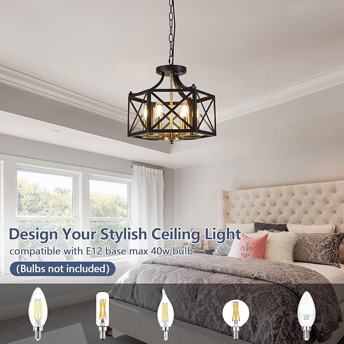 6-Light Black and Brushed Gold Pendant Light, Modern Farmhouse Chandeliers for Dining Room, Adjustable Metal Cage Hanging Light, Vintage Geometric Pendant Lighting for Kitchen Entryway Foyer