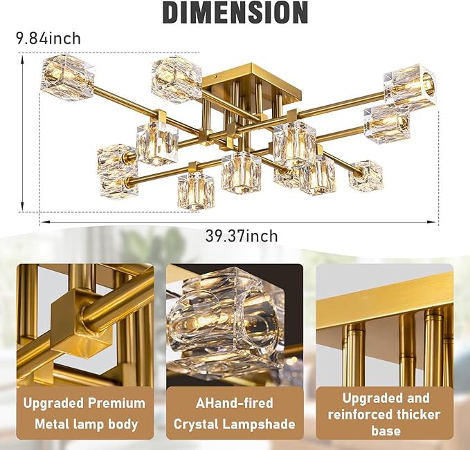 Modern Ceiling Light Fixture with 13-Lights,Gold Semi Flush Mount Ceiling Light,Crystal Sputnik Chandeleirs,Modern Ceiling Lights for Living Room,Dining Room,Kitchen Island,Bedroom