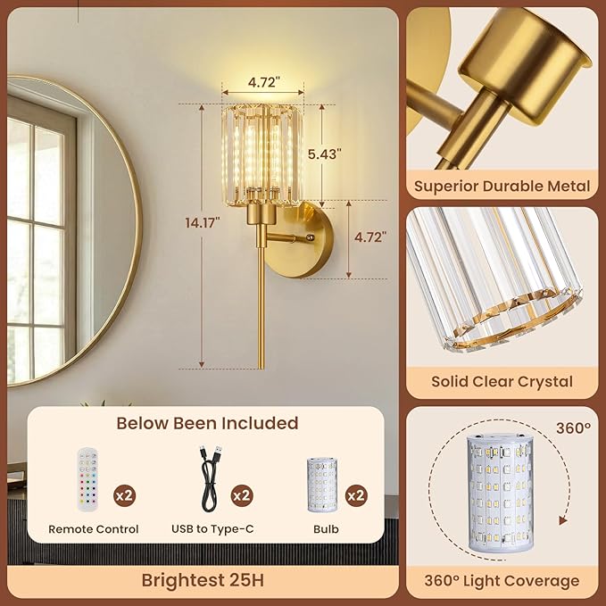 Crystal Battery Operated Wall Sconces, Brushed Gold Rechargeable Wireless Wall Sconce Lights with Dimmable Bulbs and Remote, 12 Colors and 3CCT Dimmable Crystal Lamps for Living Bedroom, 3000~6000K
