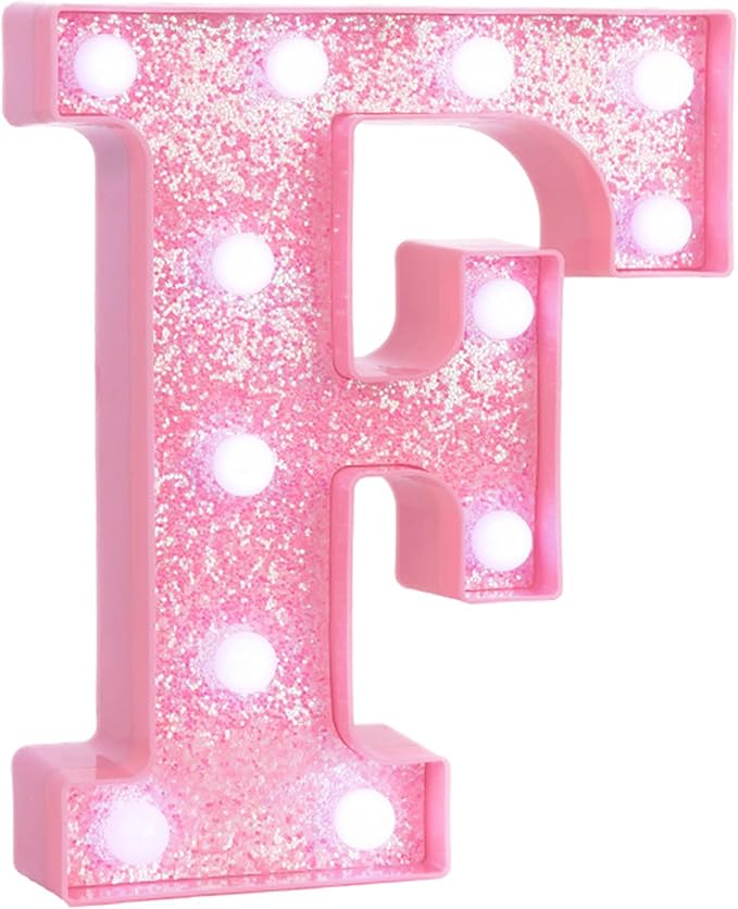 Pink Marquee Light Up Letters, Glitter Alphabet LED Letter Lights for Pink Birthday Party Decorations, Battery Operated Letter Sign for Girls Room Vanity Table Decor, Cool White Lights Letter F