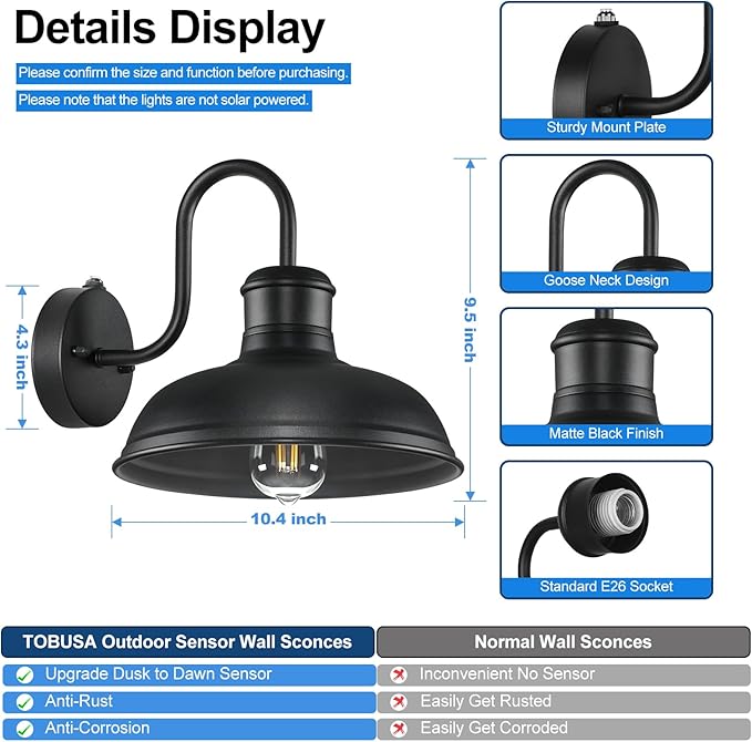 2-Pack Dusk to Dawn Outdoor Wall Sconces, Exterior Farmhouse Gooseneck Barn Light, Vintage Matte Black Outside Wall Mount Light Fixture, Anti-Rust Waterproof Outdoor Light for House Porch Garage