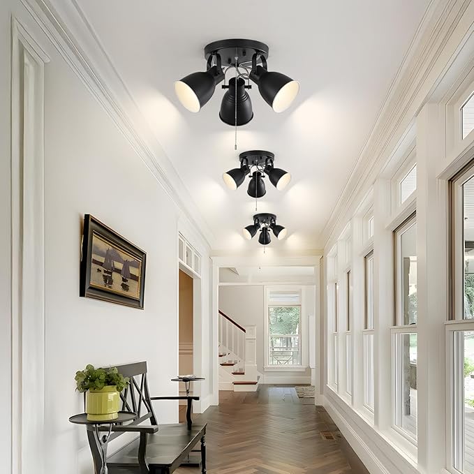 KEESFU 3 Light Ceiling Light with Pull Chain,Adjustable Directional Ceiling Track Light,Industrial Pull Chain Light Fixtures for Bedroom Hallway Closet.